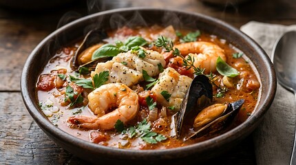 Fototapeta premium Fresh seafood stew with shrimp fish and mussels in a bowl on a dark wooden table. brudet