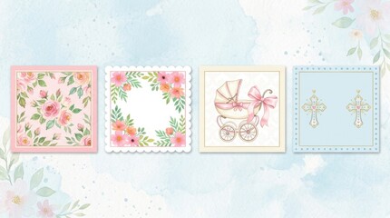 Obraz premium Pink Floral, White Flowers, Baby Carriage, Crosses in A set of cute watercolor templates for Baptism