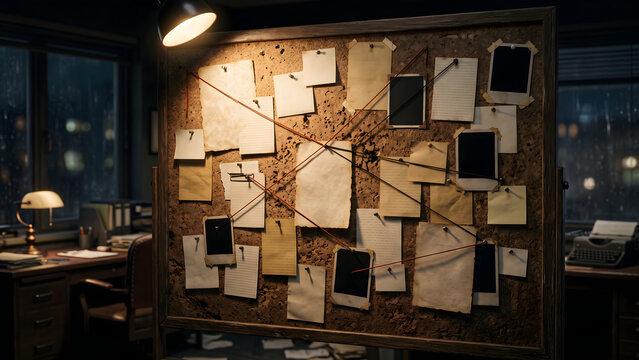 Detailed Detective Investigation Board with Connecting Strings, Photos, and Notes in a Dimly Lit Room