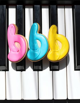 Three Musical Note Cookies on Piano Keys.