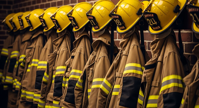 Row of firefighter helmet and protective gear uniform suits hanging in a fire station