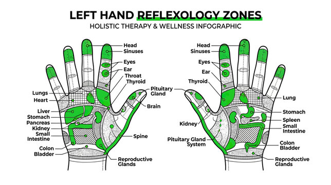 Left Hand Reflexology Chart: Holistic Therapy & Wellness Infographic