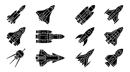 Black glyph icons of spacecraft and rocket ships set © paman