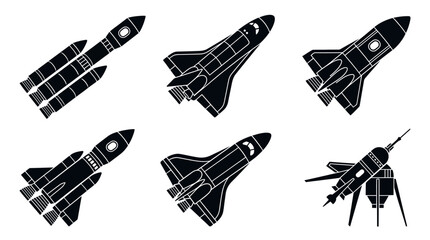 Set of black spaceship and rocket vector icons isolated on white © paman