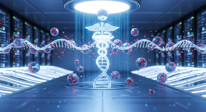 Futuristic caduceus and dna visualization representing secure medical data and hipaa compliance within a hightech digital server facility