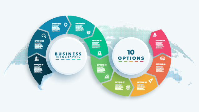 Business infographic template with 10 steps in an infinity loop design on a dotted world map background, featuring colorful segments, icons, and placeholder text for presentations.