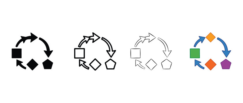 Circular process flowcharts with arrows and geometric shapes for business and data analysis  workflow and strategy planning