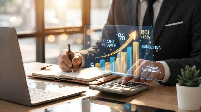 Investment in percentage. income tax paid, dividend, interest rate and corporations. Businessman calculating with calculator, laptop (notebook) of return on financial 
