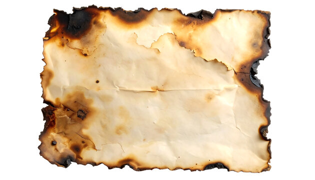 Old rectangular piece of burnt parchment paper with rough scorched edges isolated on a transparent background for design