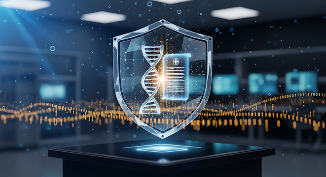 Digital HIPAA protection and security for DNA medical records showing a glass shield in a futuristic laboratory setting
