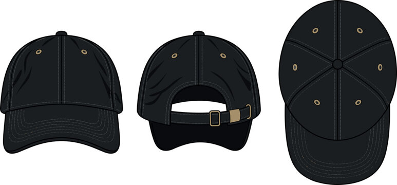 Vector baseball cap tech pack mockup template design featuring front back and top views in solid black with beige stitching lines isolated on white background