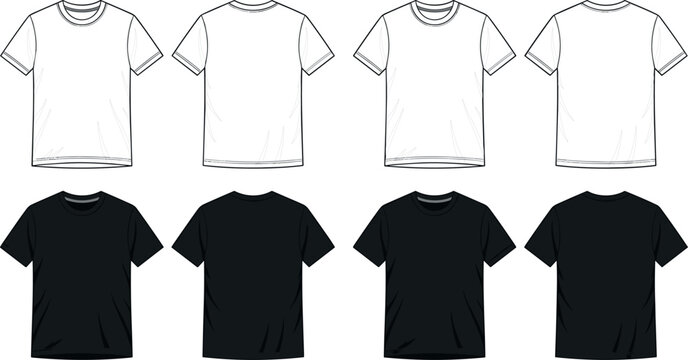 Vector clothing tech pack flat sketch collection featuring blank black and white basic crewneck t-shirts with front and back views isolated on white background