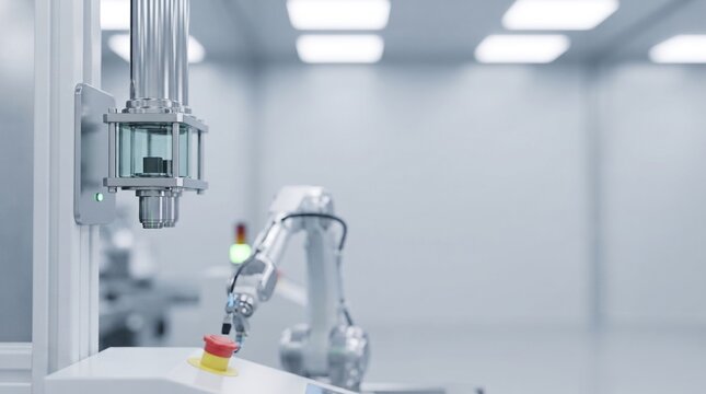Robotic arm activating the emergency shutdown protocol on a control panel inside a biohazard containment laboratory