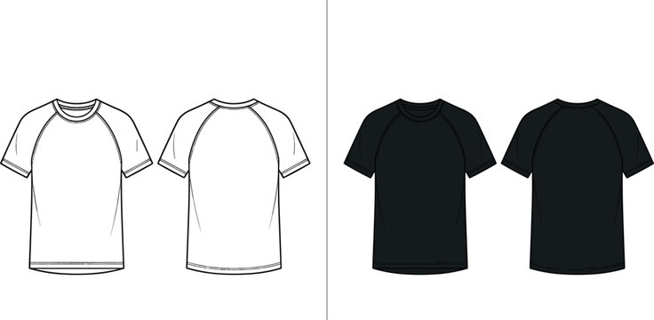 Vector clothing tech pack flat sketch set featuring black and white raglan sleeve t-shirts with front and back views isolated on white background