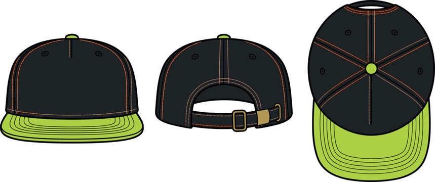 Vector snapback baseball cap tech pack mockup template design featuring front back and top views in black and neon lime green isolated on white background