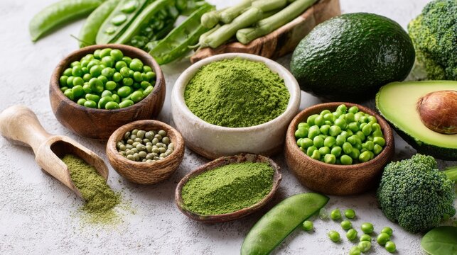Healthy vegetarian green foods with plant-based protein ingredients on white background featuring green peas, beans, mung beans, broccoli, zucchini, avocados, matcha and fresh spinach for vegan nutrit
