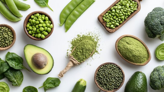 Healthy vegetarian green foods with plant-based protein ingredients on white background featuring green peas, beans, mung beans, broccoli, zucchini, avocados, matcha and fresh spinach for vegan nutrit