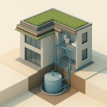 Isometric architectural model of net zero water building with visible recycling system, planted roof layers, underground tank, clean pastel environment, sustainable design concept