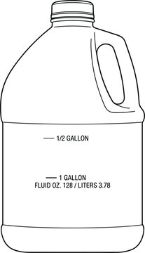 One gallon plastic jug bottle container vector line art illustration featuring measurement volume lines for liquid storage packaging