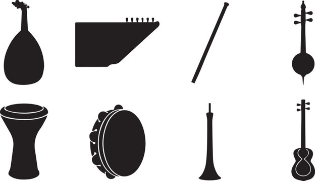 Set of black silhouettes of traditional middle eastern musical instruments, including oud, qanun, flute, rebab, darbuka, tambourine, and zurna