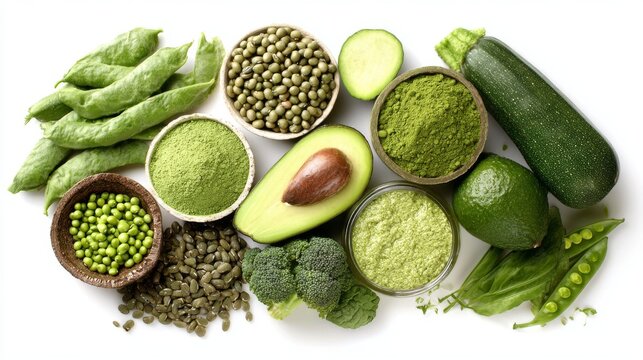 Healthy vegetarian green foods with plant-based protein ingredients on white background featuring green peas, beans, mung beans, broccoli, zucchini, avocados, matcha and fresh spinach for vegan nutrit