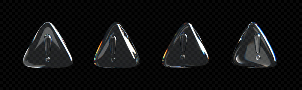 Set of four glossy 3D glass warning exclamation mark icons in rounded triangles on a transparent grid background with realistic refraction and chromatic aberration effects.