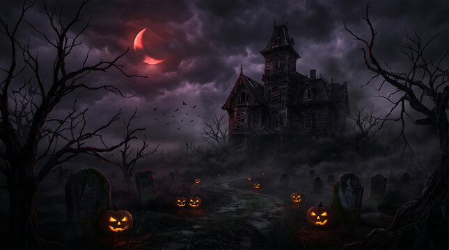 Spooky Haunted Mansion Background with Halloween Pumpkins