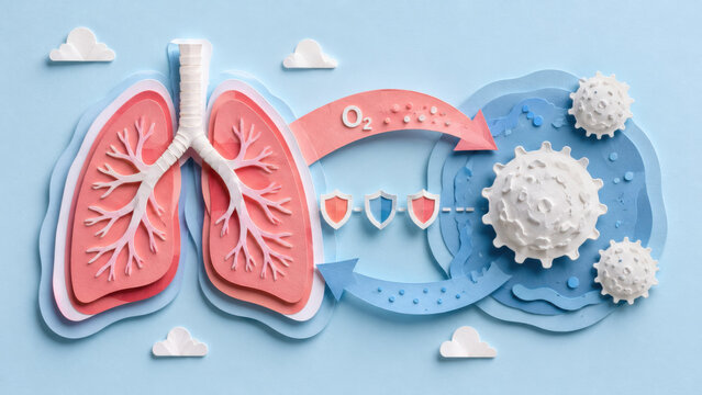 Paper cut lung and immune system interaction with coral pink organ, soft blue background, oxygen flow arrows, white blood cell shape, and shield icon symbol