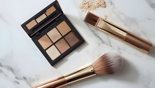 Elegant makeup palette featuring diverse neutral shades of brown and beige eyeshadows arranged neatly with two professional cosmetic brushes on a bright white marble surface for a luxury beauty