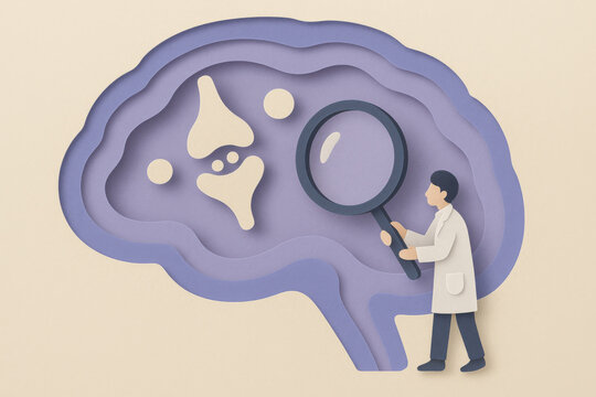 Paper cut scientist examining brain cross section with magnifying glass, exploring neurotransmitter and neural pathway in layered purple illustration