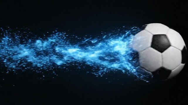 Classic soccer ball glowing with magical blue fire effects moving rapidly through dark space