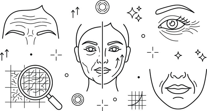 Anti aging skin care line art vector icon set with wrinkles face lift treatment dermatology cosmetic design collection
