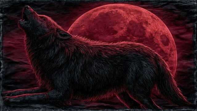 Black wolf howling at giant blood red moon in dark textured sky.