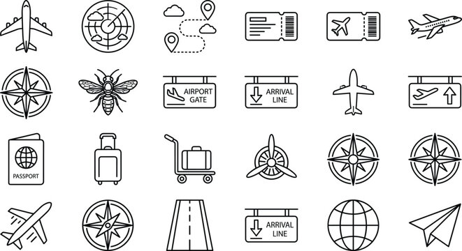 Aviation airport travel line art vector icon set with airplane passport boarding ticket suitcase compass propeller runway elements