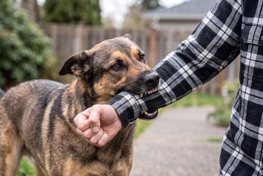 A mediumsized dog biting the arm of a person wearing a black and white plaid flannel shirt