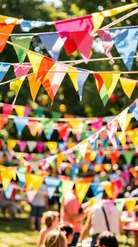 A lively festival scene with a vibrant banner of triangles in rainbow colors.