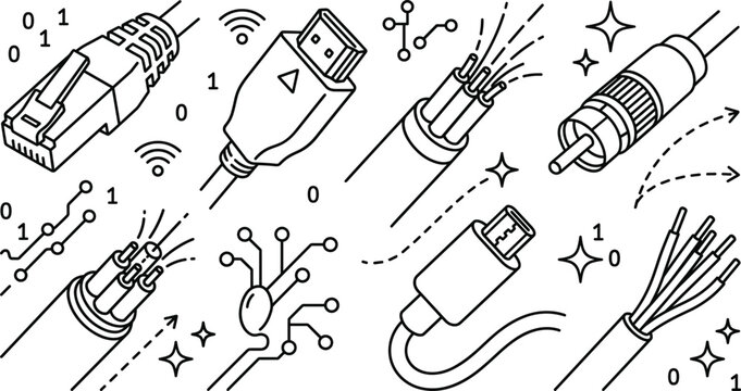 Computer network cable and connector line art vector icon set with ethernet hdmi optic fiber coaxial usb elements