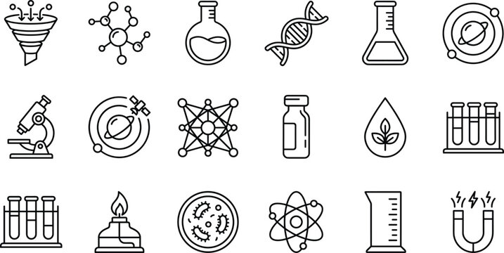 Laboratory science research icon set with flask microscope dna planet orbit burner petri dish line art vector elements