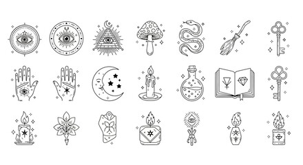 Mystical symbols, occult icons, 20 black and white illustrations, spiritual vector graphics, magic signs © Alien