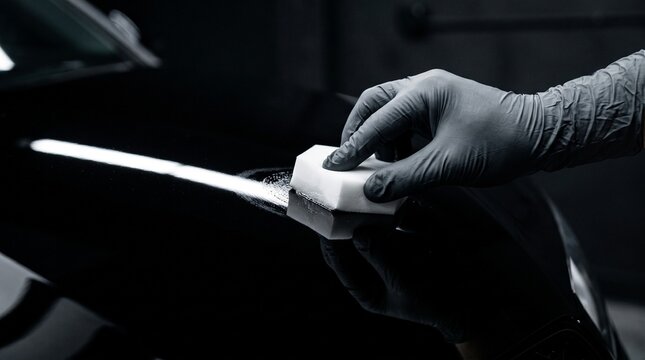 Gloved hand applying ceramic coating to black car paint with foam applicator, luxury auto detailing service