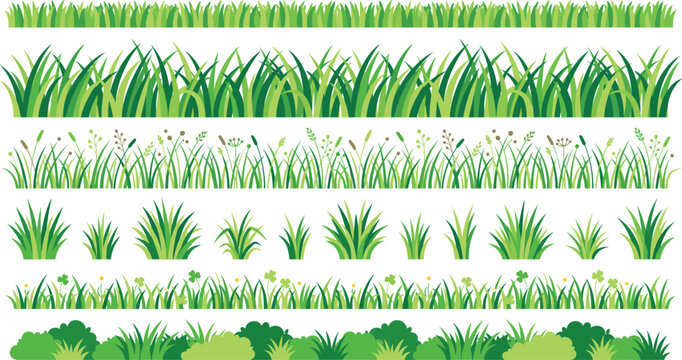 Green Grass Border and Tuft Vector Silhouette Set with Seamless Lawn Edges Wild Foliage Meadow Blades and Shrub Elements for Nature Landscape Designs