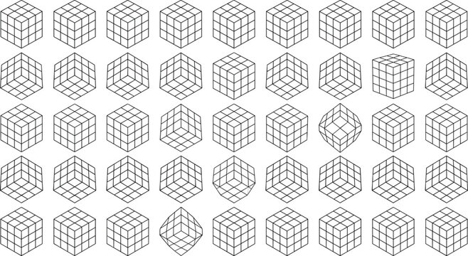 Isometric 3D Cube Line Art Grid Mega Set with Various Rotation Angles and Geometric Block Perspectives for Architecture Blueprints and Technical Drawing Layouts