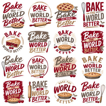 Hand-drawn baking logos with cherry pies, rolling pins, and whisks