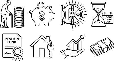 Fototapeta premium Retirement pension fund line icon set with elderly man piggy bank house key money safe hourglass and graph