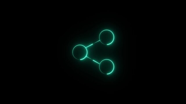 A digital share icon featuring three interconnected circles. The symbol is designed with a vibrant green neon lighting effect against a black background.