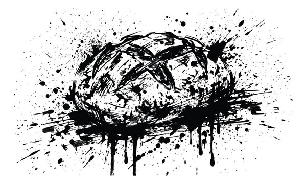 Artistic sourdough bread loaf vector, black ink splatter bakery illustration, grunge hand drawn artisan bread with paint drips for cafe menus