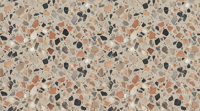 Beige venetian terrazzo flooring texture with scattered chips of black grey and terracotta background