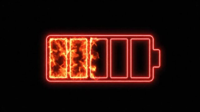 Glowing neon battery icon fully charged with burning fire effect on black background
