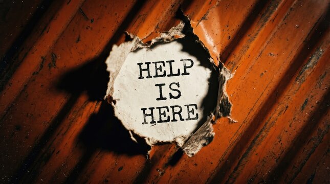Torn paper with HELP IS HERE message on wooden background with dramatic lighting and shadows