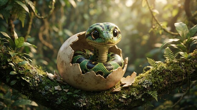 Little baby anaconda hatching from egg